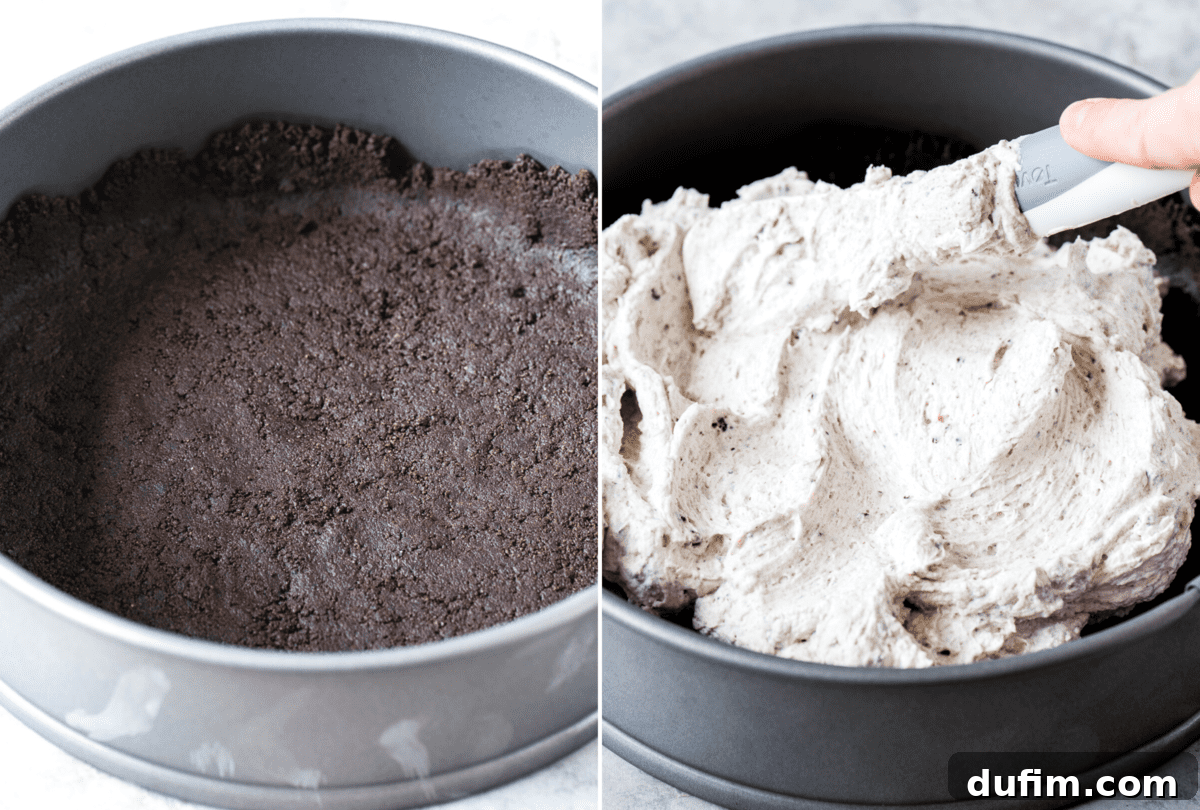 A step-by-step visual guide showing how to assemble a no-bake Oreo cheesecake, from pressing the crust into a springform pan to adding the creamy filling and smoothing the top.
