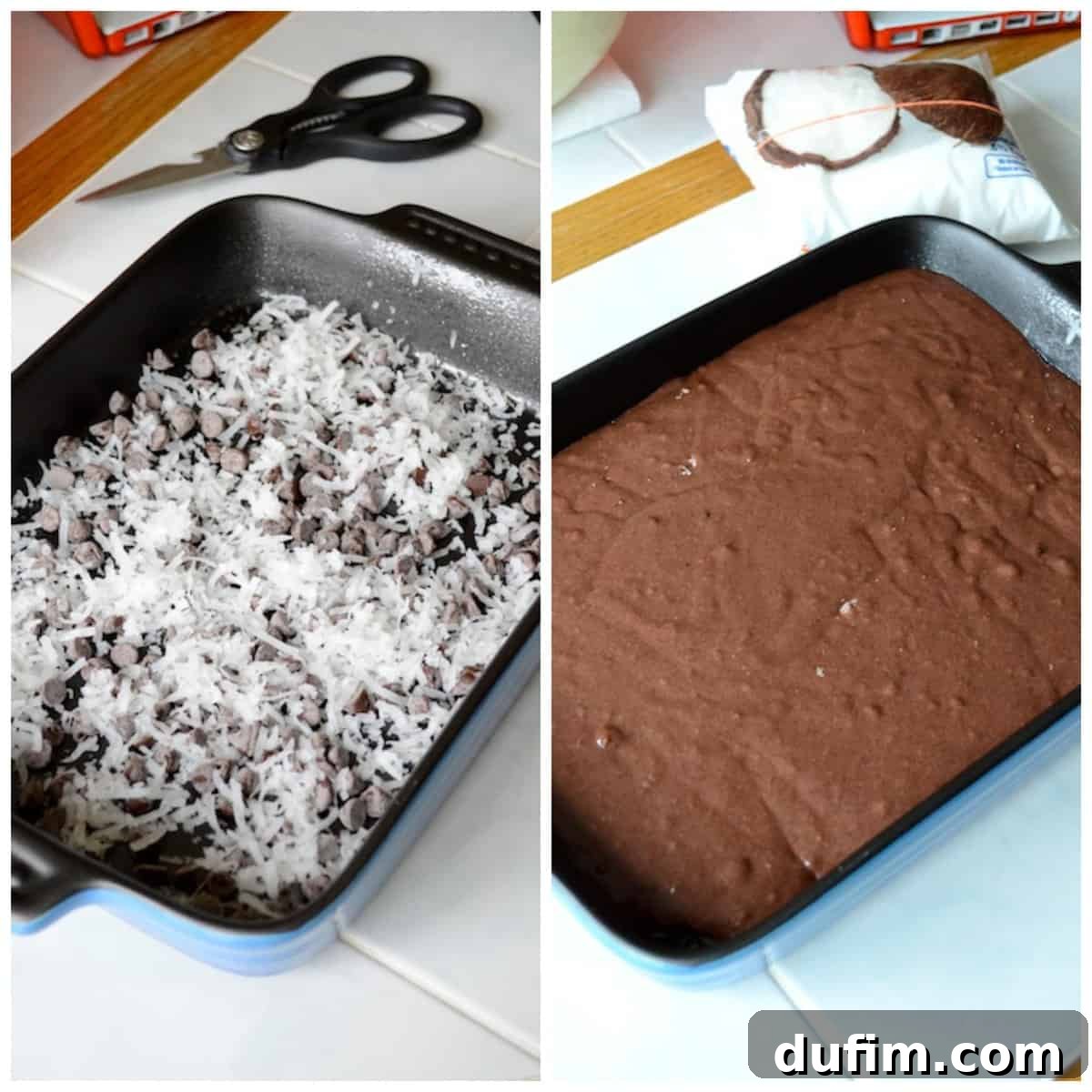 Two photos side by side: one showing a base layer of chocolate chips, coconut, and pecans in a 9x13 inch cake pan, and the other showing cake batter poured over it.