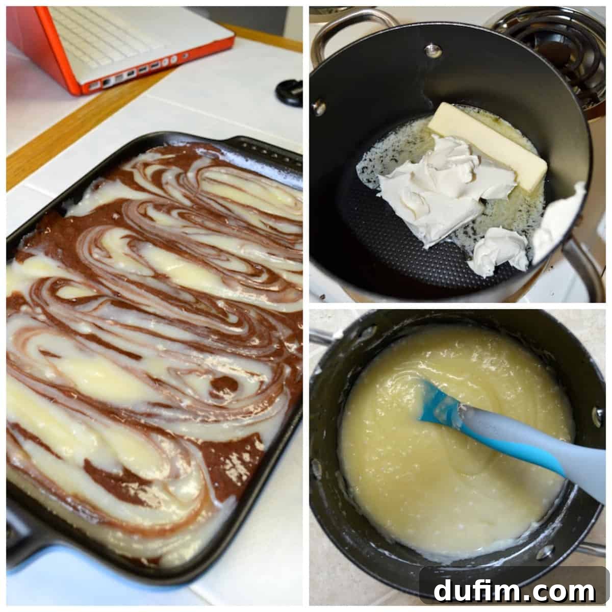 Step-by-step photos illustrating how to assemble and swirl the cream cheese mixture into the Earthquake Cake batter.