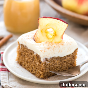 A slice of spiced applesauce cake topped with white frosting, a sprinkle of cinnamon, and a dried apple slice, served on a white plate with a fork. A glass and fruit are blurred in the background.