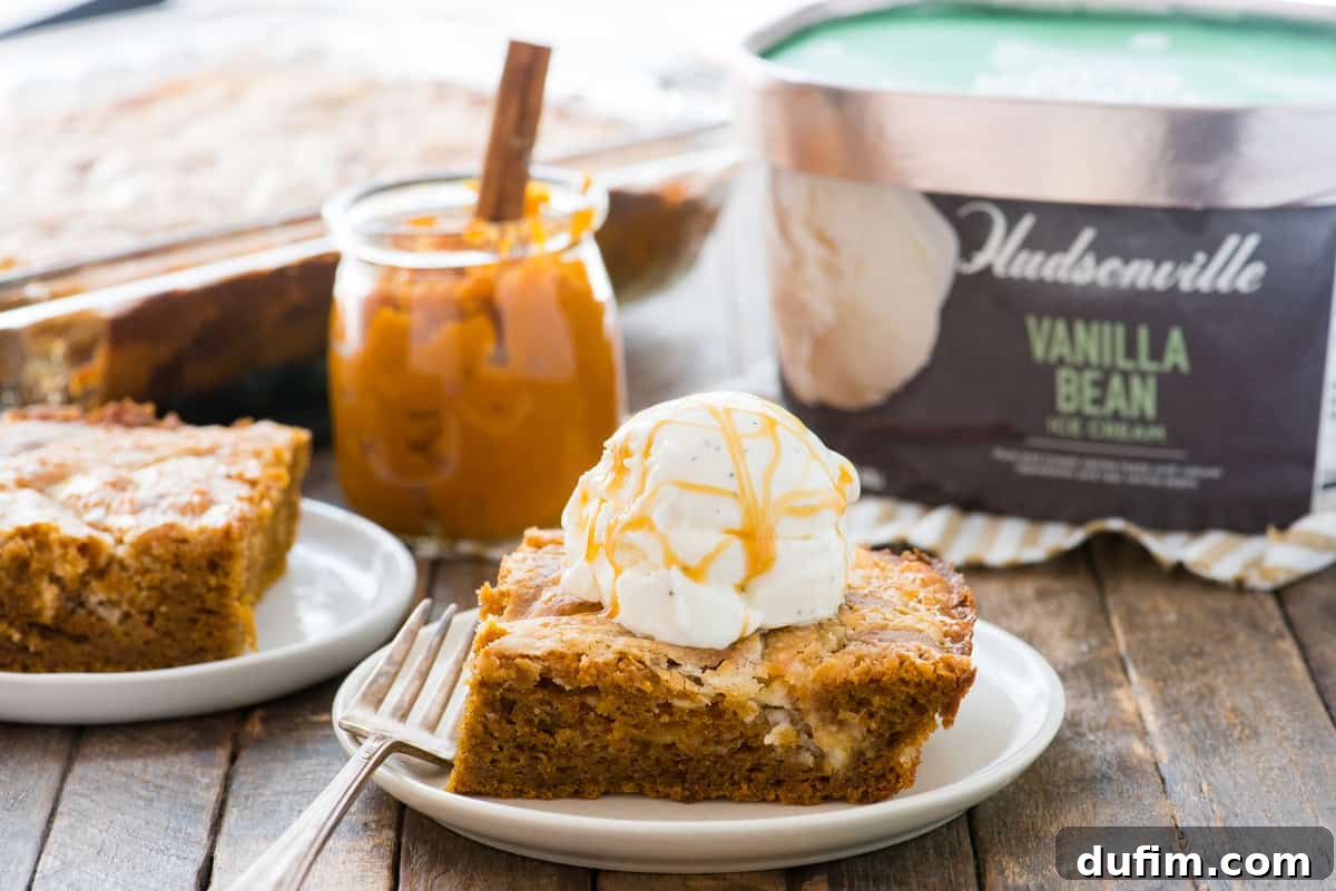 Spiced Pumpkin Earthquake Cake 3 Another enticing view of a slice of pumpkin earthquake cake on a white plate, crowned with a scoop of Hudsonville Vanilla Bean ice cream. The creamy frosting pockets and moist cake layers promise a delightful textural journey with every bite.