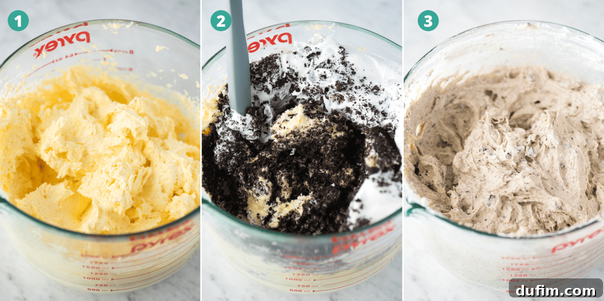 A visual guide showing the initial steps of making Oreo pudding pie filling, including ingredients like instant pudding mix, heavy cream, and chopped Oreos in mixing bowls.