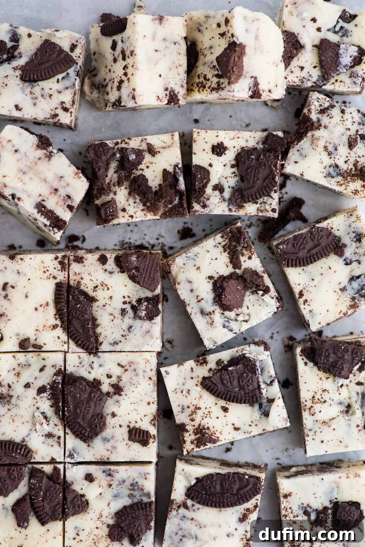 Decadent Oreo Fudge 2 Oreo fudge cut into perfect squares and arranged beautifully in a grid pattern