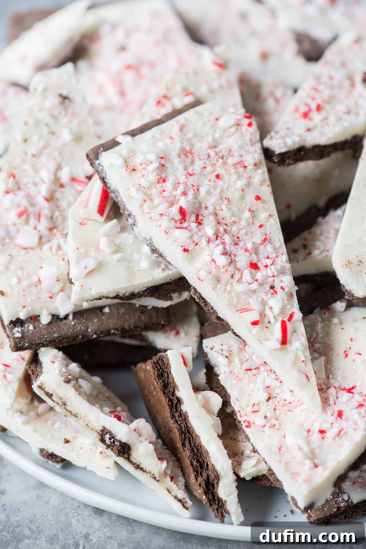 Pieces of chocolate peppermint bark neatly arranged on a pristine white plate, showcasing the distinct layers of chocolate graham cracker, white bark, and vibrant red peppermint