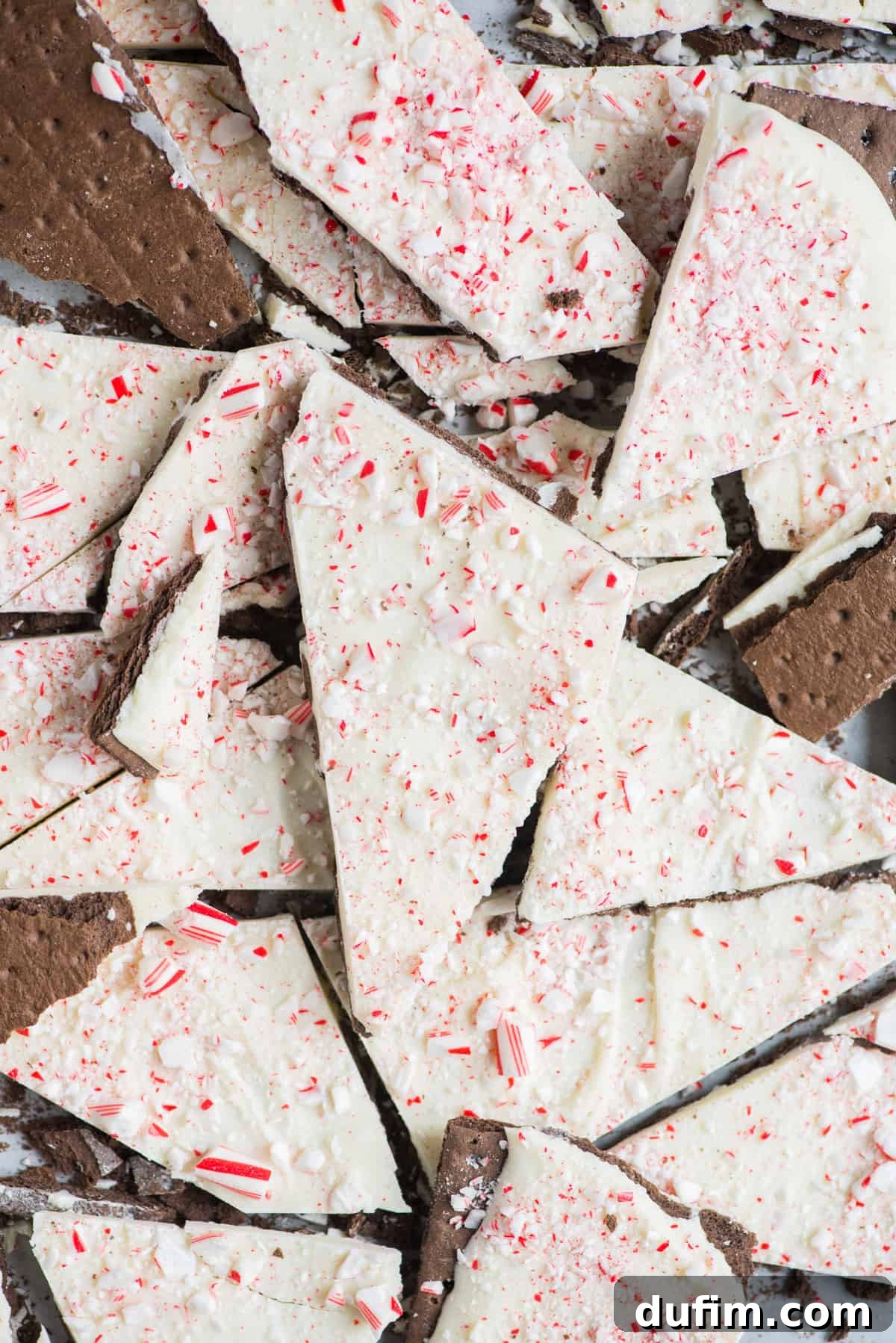 Individual pieces of chocolate peppermint bark scattered artfully on a white plate, highlighting their various shapes and the appealing contrast of colors.