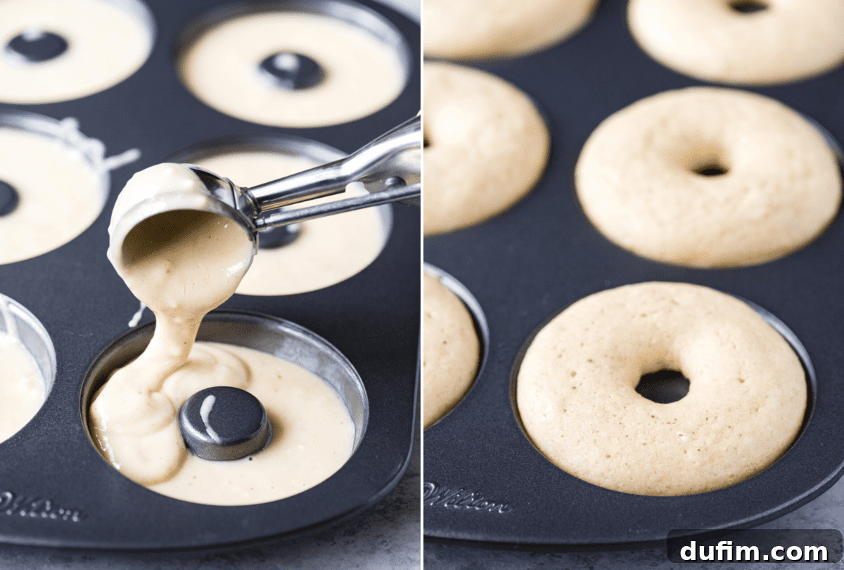 A collage showing step-by-step instructions on how to fill a donut pan evenly with batter, emphasizing the use of a cookie dough scoop for precision.