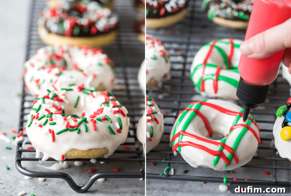A beautifully decorated white donut with colorful Christmas sprinkles on the left, next to another white donut featuring an intricate red and green plaid pattern on the right, showcasing festive decoration styles.