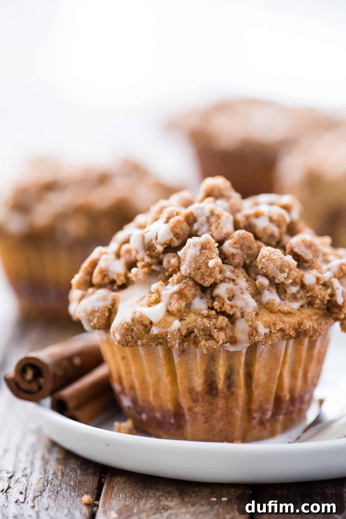 A charming coffee cake muffin, perfectly baked with a generous streusel topping, presented on a pristine white plate.