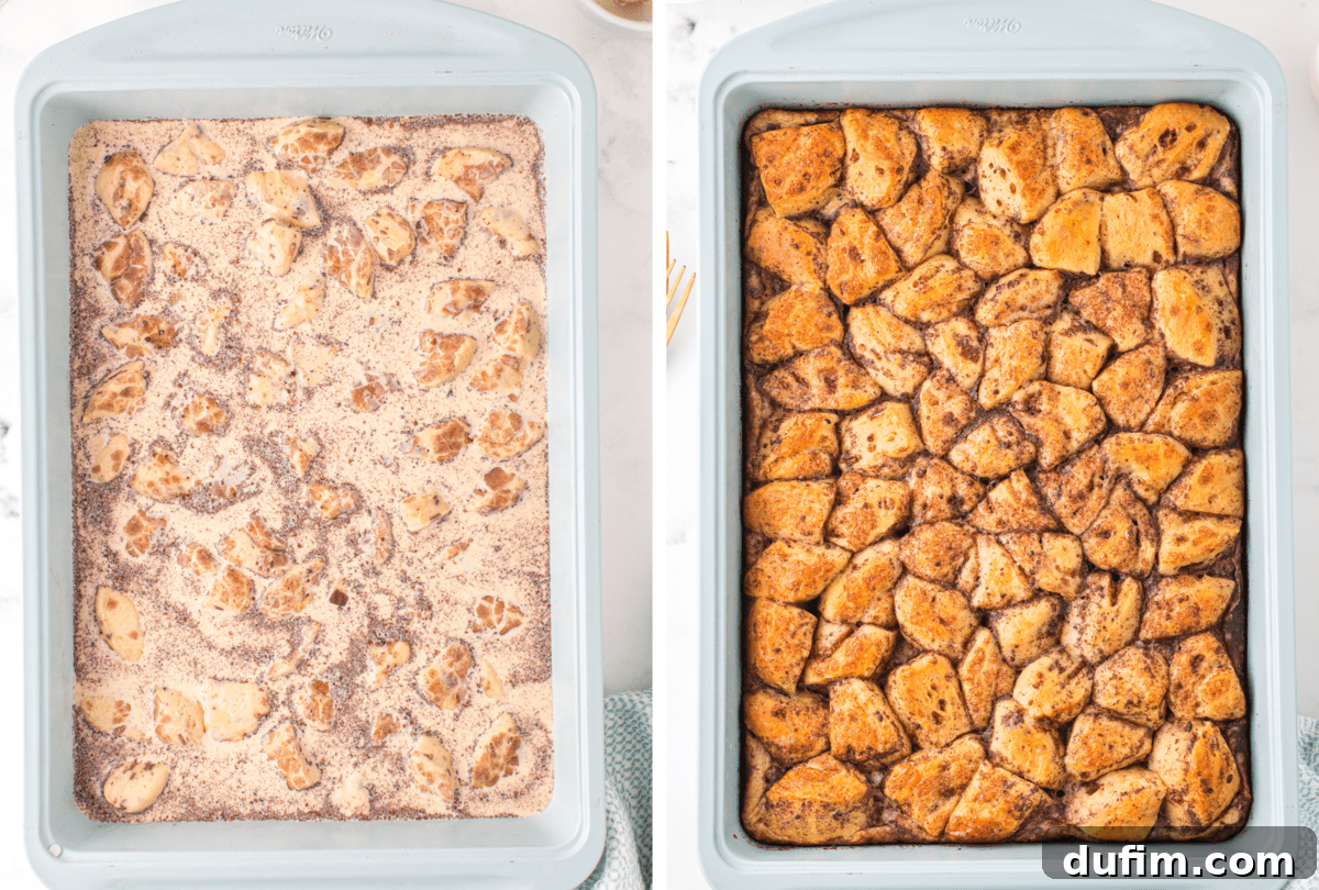 Before and after view of cinnamon roll casserole: unbaked rolls in a light blue baking dish with the liquid mixture, next to a baked, golden-brown casserole in the same dish.