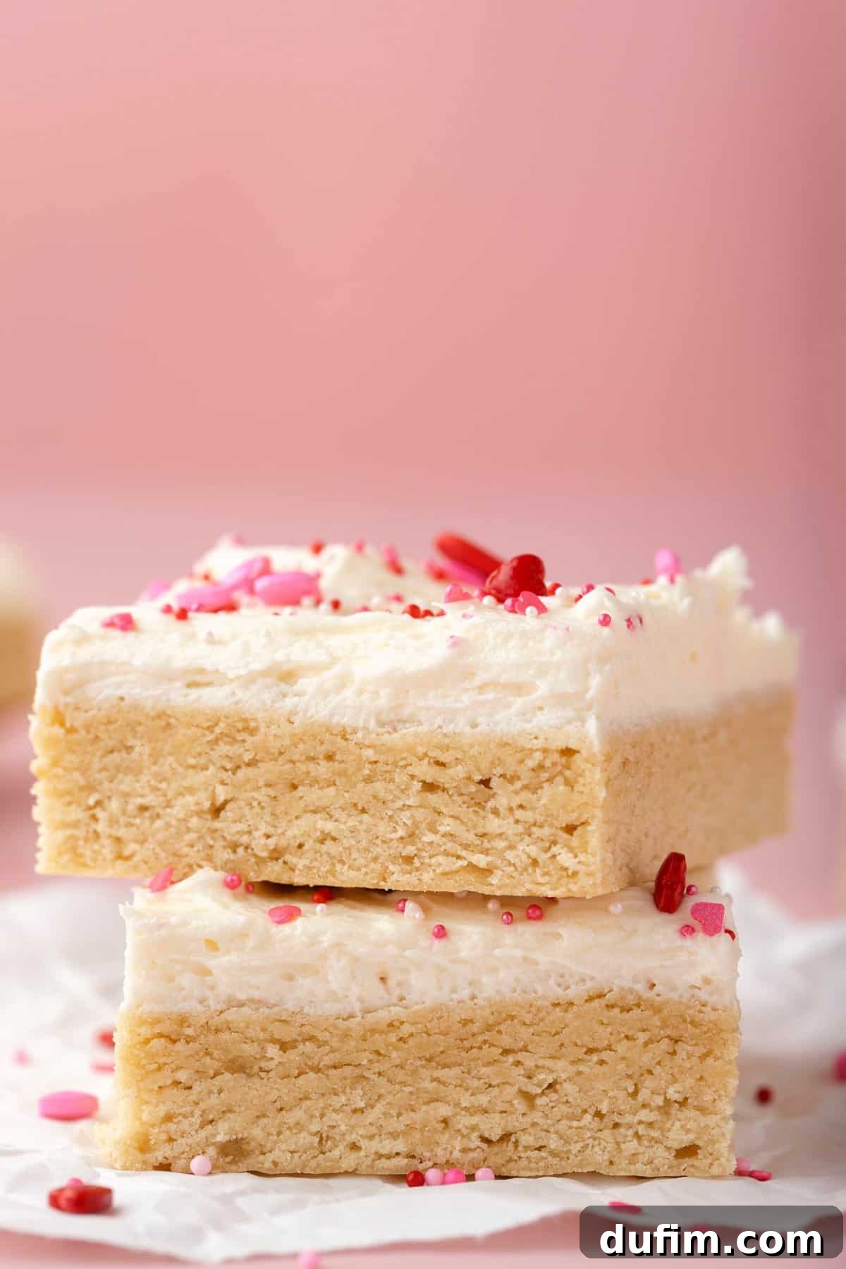 Sweetheart Sugar Cookie Bars 5 Two sweet sugar cookie bars, generously topped with smooth white frosting and cheerful Valentine's sprinkles, ready to be enjoyed.