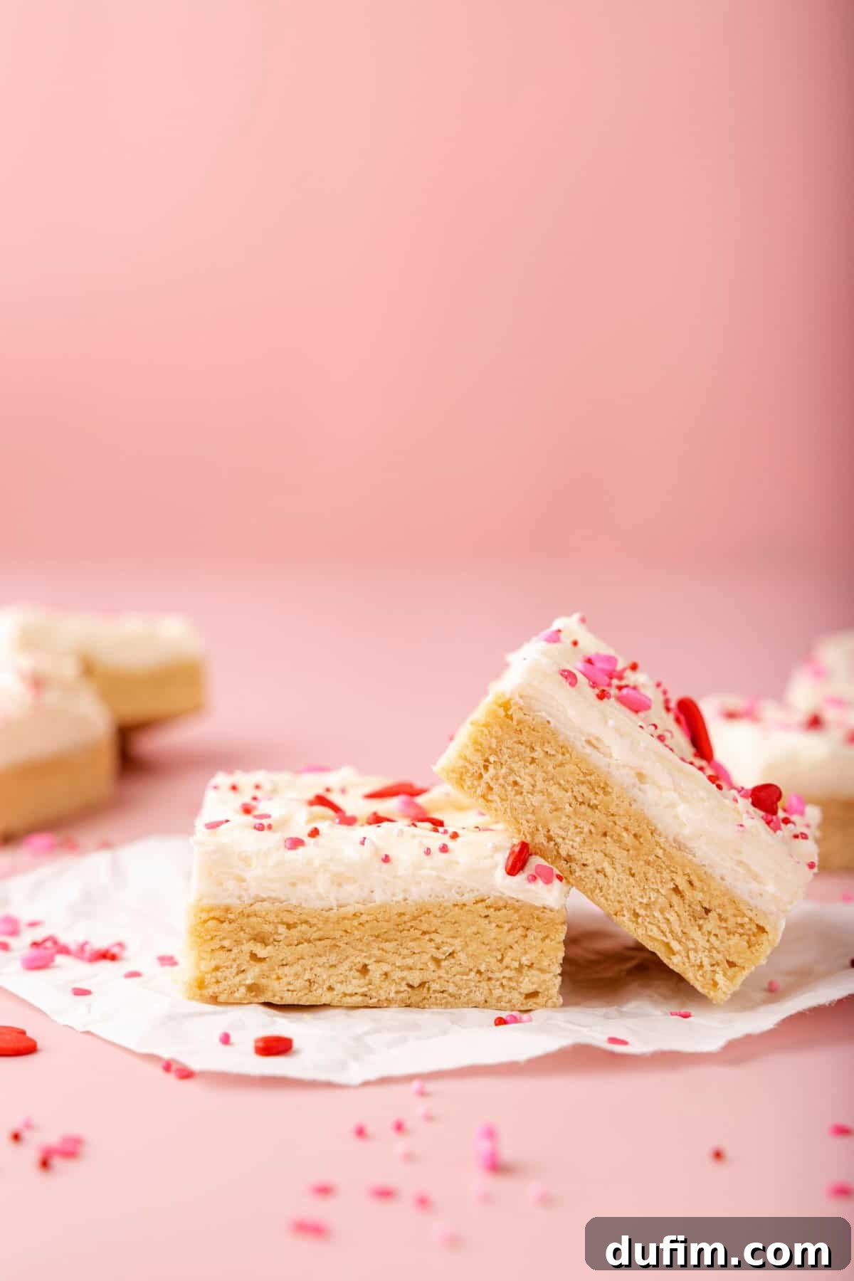 Sweetheart Sugar Cookie Bars 7 A pair of beautifully frosted and sprinkled sugar cookie bars, showcasing their soft texture and festive appeal for Valentine's Day.