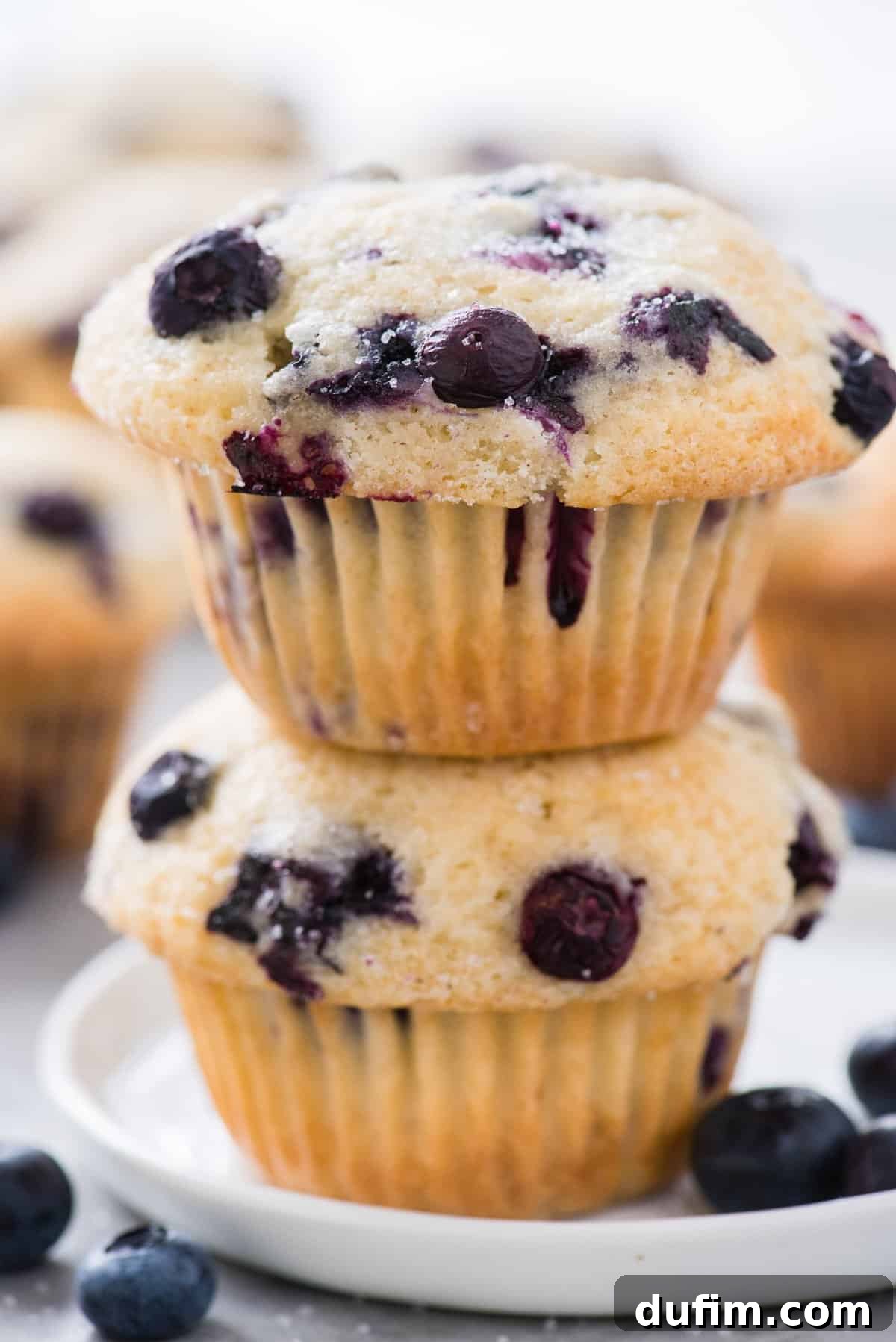 Irresistible Gluten-Free Blueberry Muffins 5 two gluten free blueberry muffins stacked on top of each other on a white plate, showing their height and texture