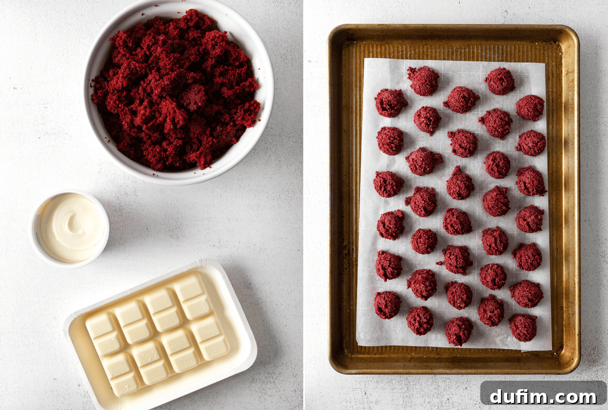 Velvety Red Cake Pop Delights 3 Ingredients for making red velvet cake balls including cake mix, frosting, and almond bark, neatly arranged on a white background.