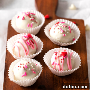 Velvety Red Cake Pop Delights 7 Five white chocolate-covered Valentines cake pops in paper cups, decorated with pink drizzle and red and white heart-shaped sprinkles, are beautifully arranged on a wooden board.