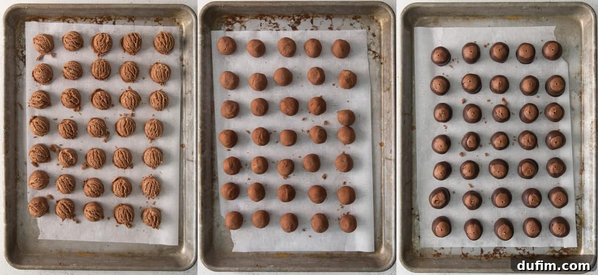 Decadent Nutella Buckeye Bites 5 A close-up of the rolling process, showing hands forming the Nutella buckeye mixture into smooth, uniform balls on a white surface, a key step in the no-bake recipe.