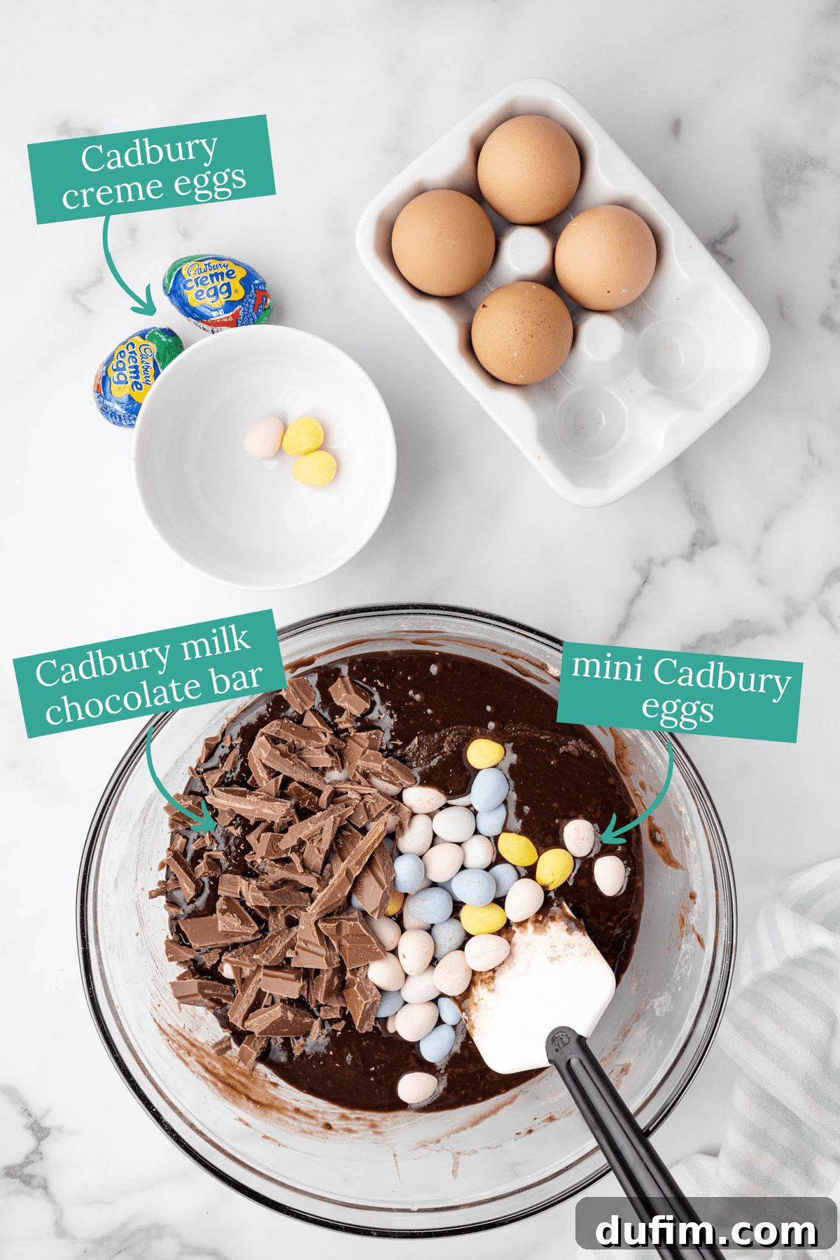 Text overlay on a baking scene demonstrating how to make Easter brownies with Cadbury Creme Eggs, highlighting the simplicity and festive appeal of the recipe.