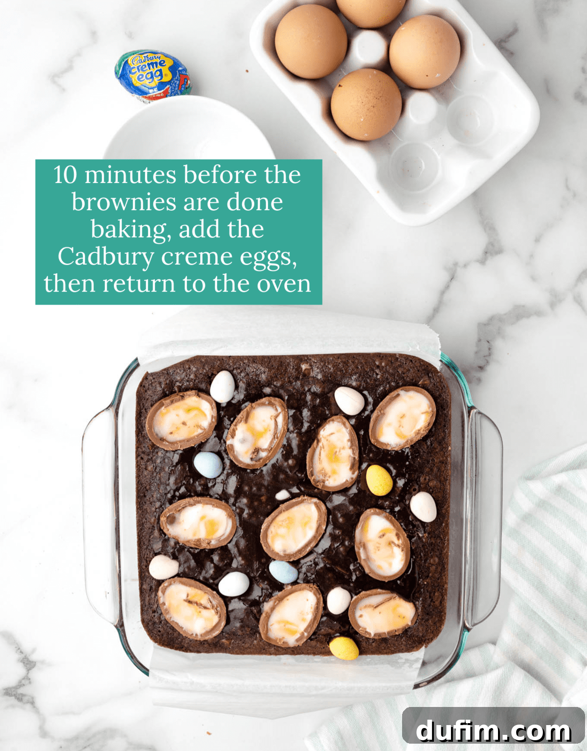 A step-by-step guide overlay on images showing how to prepare Easter brownies with Cadbury Creme Eggs, from mixing ingredients to placing eggs on top.