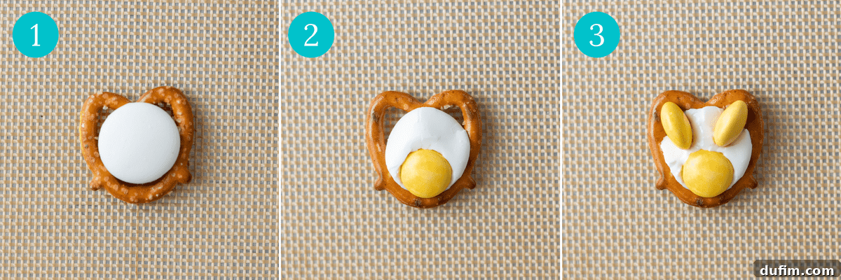 A step-by-step visual guide showing how to create cute bunny pretzels, from placing candy melts on pretzels to adding M&M's for the head and ears, demonstrating each stage clearly.