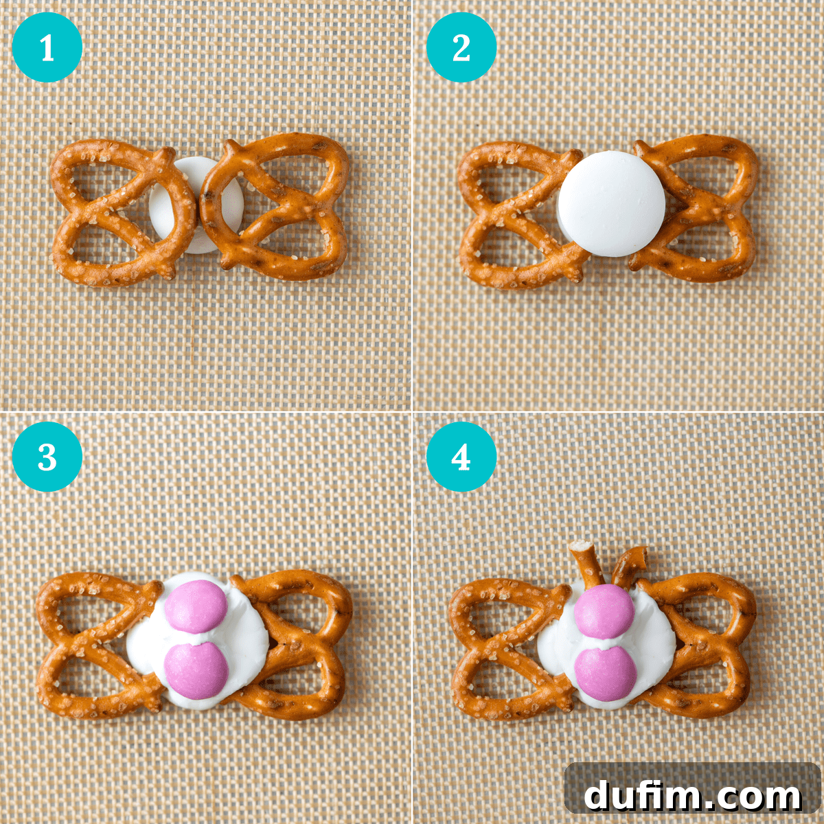 A comprehensive step-by-step photo collage detailing the creation of butterfly pretzels, showing how to arrange pretzels, candy melts, M&M's, and pretzel antennas to form the final butterfly shape.
