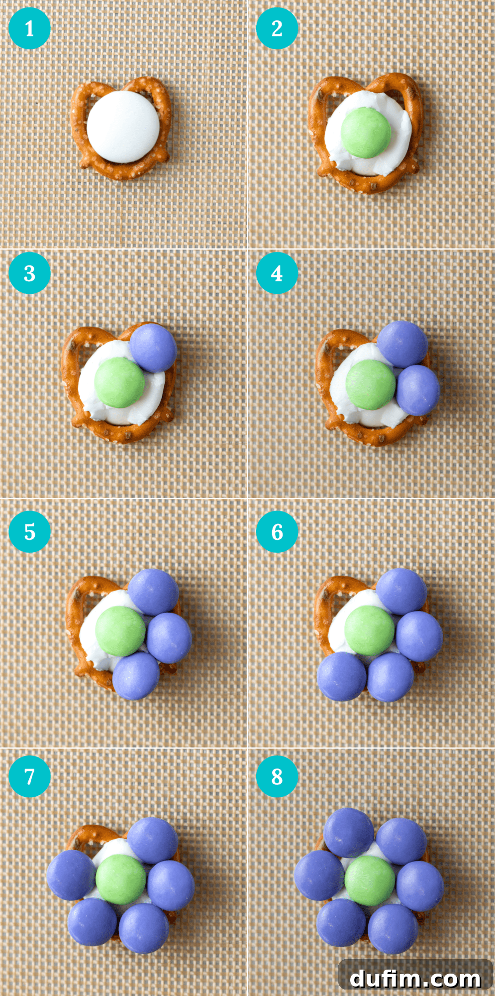 An easy-to-follow visual guide demonstrating how to make flower pretzels, showing the stages from placing candy melts on pretzels to arranging M&M's as the center and petals of a flower.