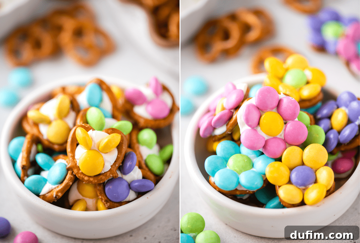 A charming collage featuring bowls of completed bunny pretzels and flower pretzels, showcasing the delightful variety and colorful results of this Easter treat recipe.