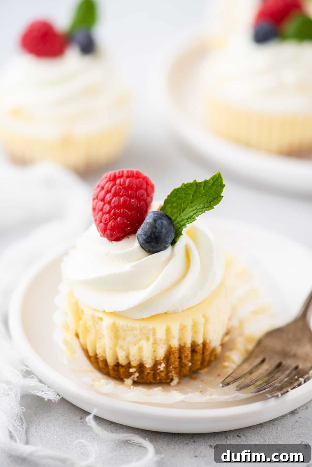 Mini cheesecake on plate with cupcake wrapper peeled from edges, showcasing a perfect, creamy texture.