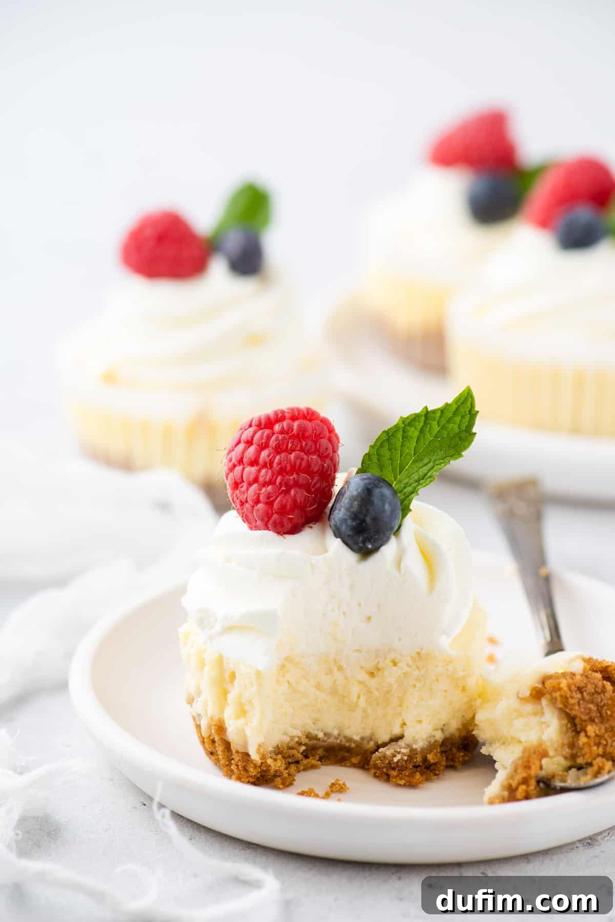 Mini cheesecake on white plate, with a forkful of cheesecake set to the side, showcasing the creamy texture.