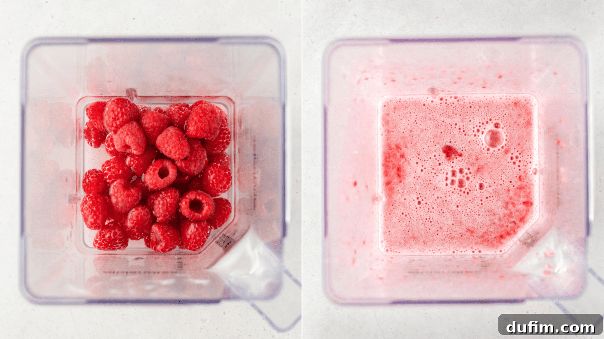 Two side-by-side photos: one shows fresh whole raspberries inside a blender, and the other shows the same raspberries pureed into a smooth, thick liquid within the blender.