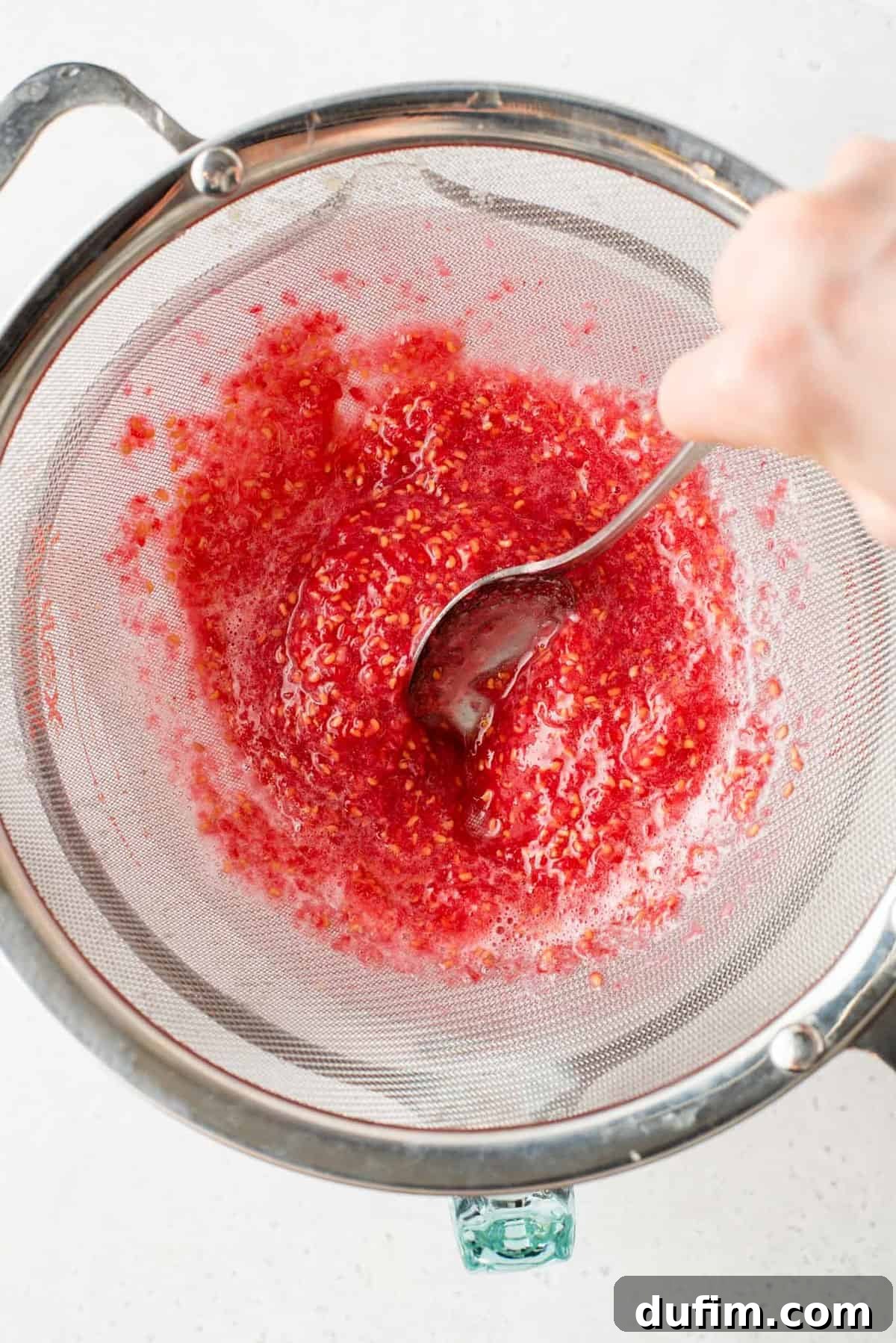 A person uses the back of a spoon to press vibrant raspberry puree through a fine-mesh sieve set over a bowl, extracting as much liquid as possible and leaving behind the seeds and pulp.