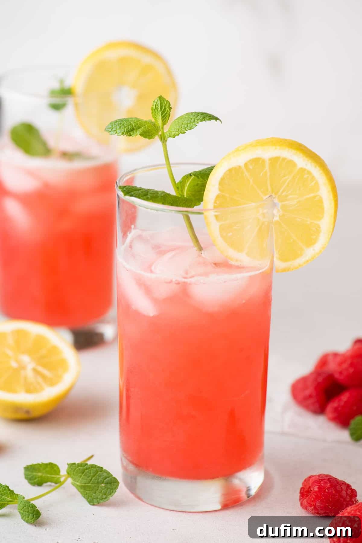 A refreshing glass of pink raspberry lemonade, garnished with a vibrant sprig of fresh mint and a thin slice of lemon, ready to be enjoyed.