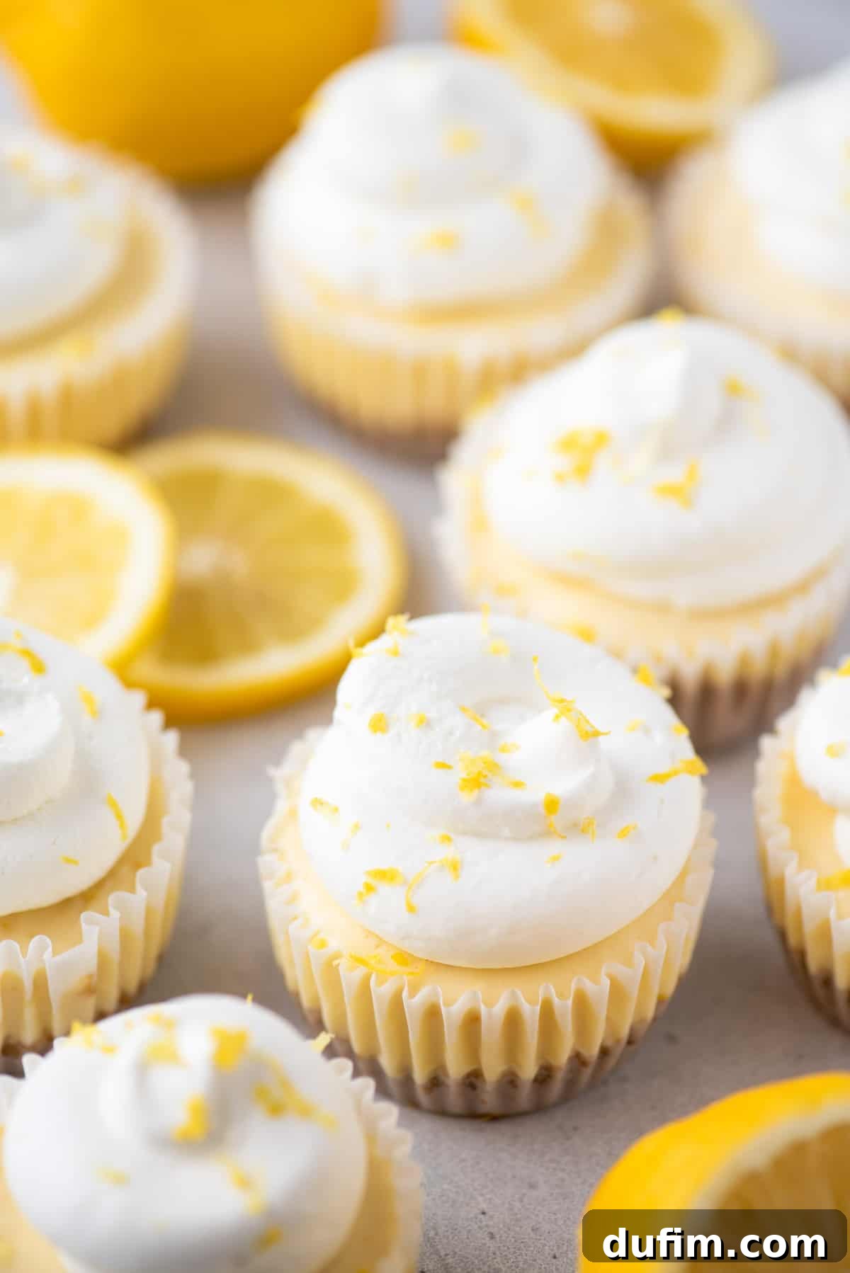Zesty Lemon Cheesecake Bites 2 Mini lemon cheesecakes topped with whipped cream and lemon zest arranged on white surface