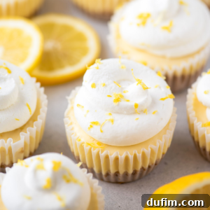 Zesty Lemon Cheesecake Bites 9 Lemon cupcakes with swirls of white frosting, topped with lemon zest, are arranged on a light surface. Mini lemon cheesecakes and slices of fresh lemon are visible in the background.
