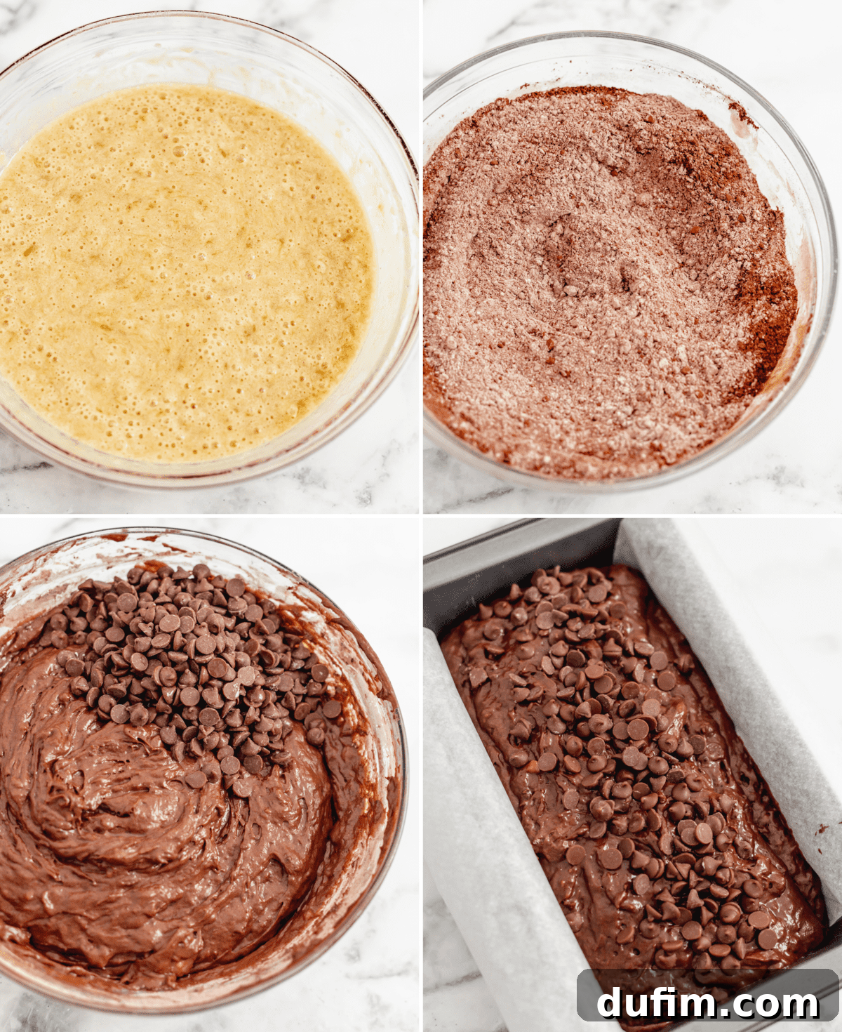 A four-panel collage showing the step-by-step process of making Double Chocolate Banana Bread: mashing bananas, mixing wet ingredients, combining dry ingredients, and finally, the batter in a loaf pan ready for baking.