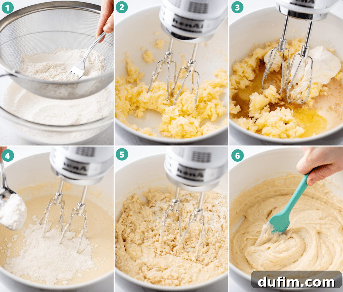 A visual step-by-step guide illustrating the precise process of mixing gluten-free cupcake batter, highlighting the creamy wet ingredients.