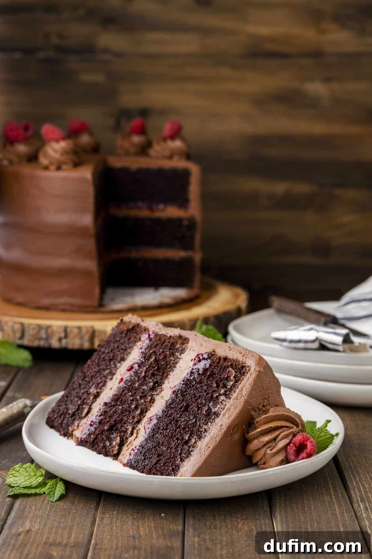 Raspberry Chocolate Velvet Cake 2 Slice of chocolate raspberry cake on a white plate, with the remaining cake in the background, showing off its moist layers and rich frosting