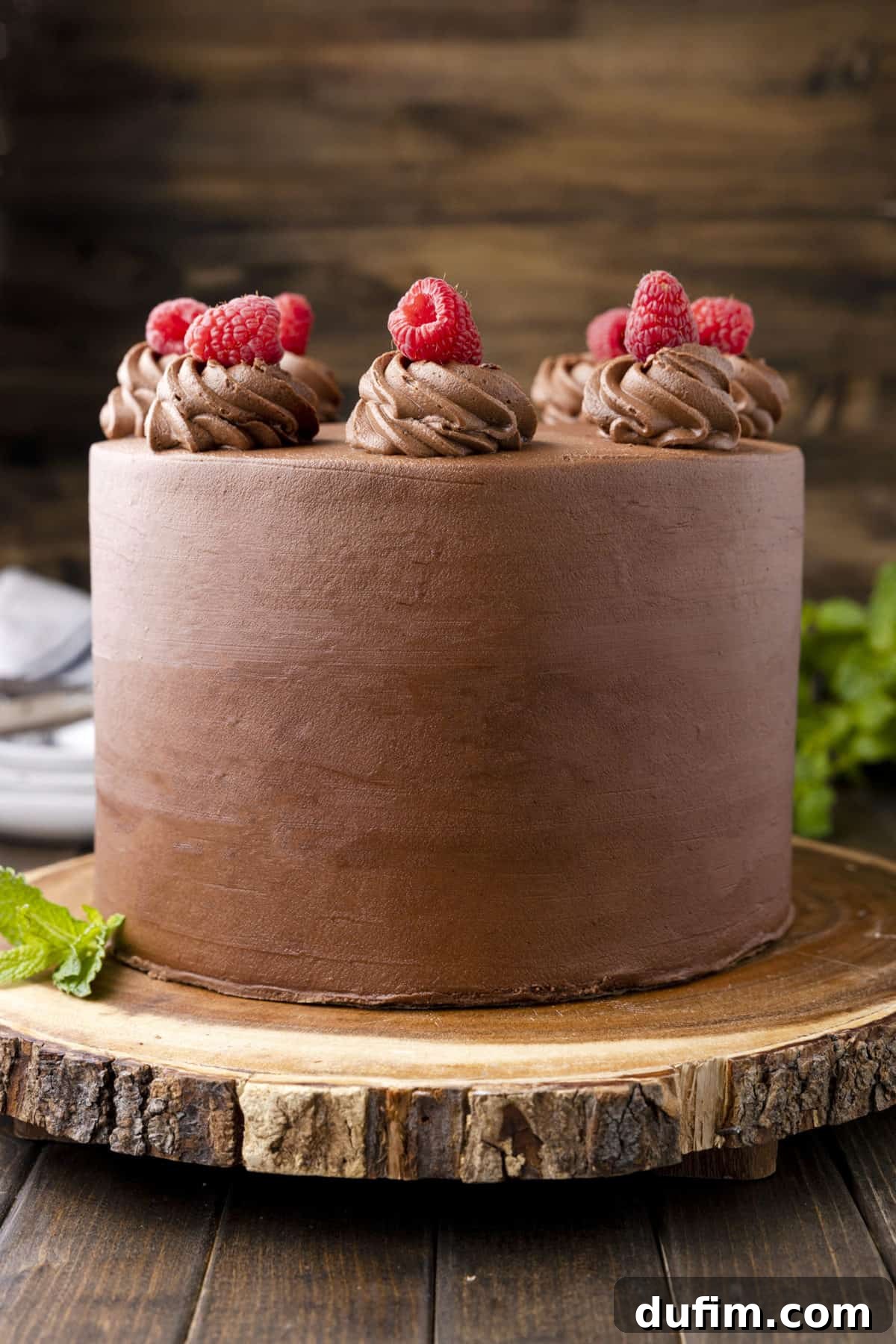 Raspberry Chocolate Velvet Cake 3 Side view of a whole chocolate raspberry cake on a rustic wood cake stand, showcasing its beautiful layers