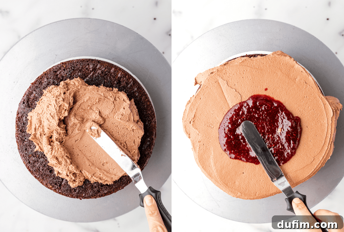 Raspberry Chocolate Velvet Cake 4 Two photos illustrating the process of filling a chocolate raspberry cake with buttercream and preserves between layers