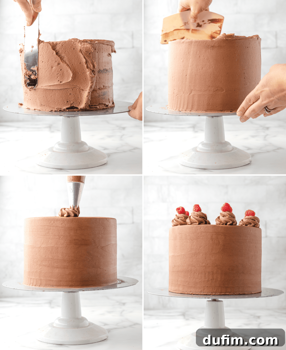 Raspberry Chocolate Velvet Cake 5 Four photos demonstrating the step-by-step process of decorating a chocolate raspberry cake with piped frosting and fresh raspberries