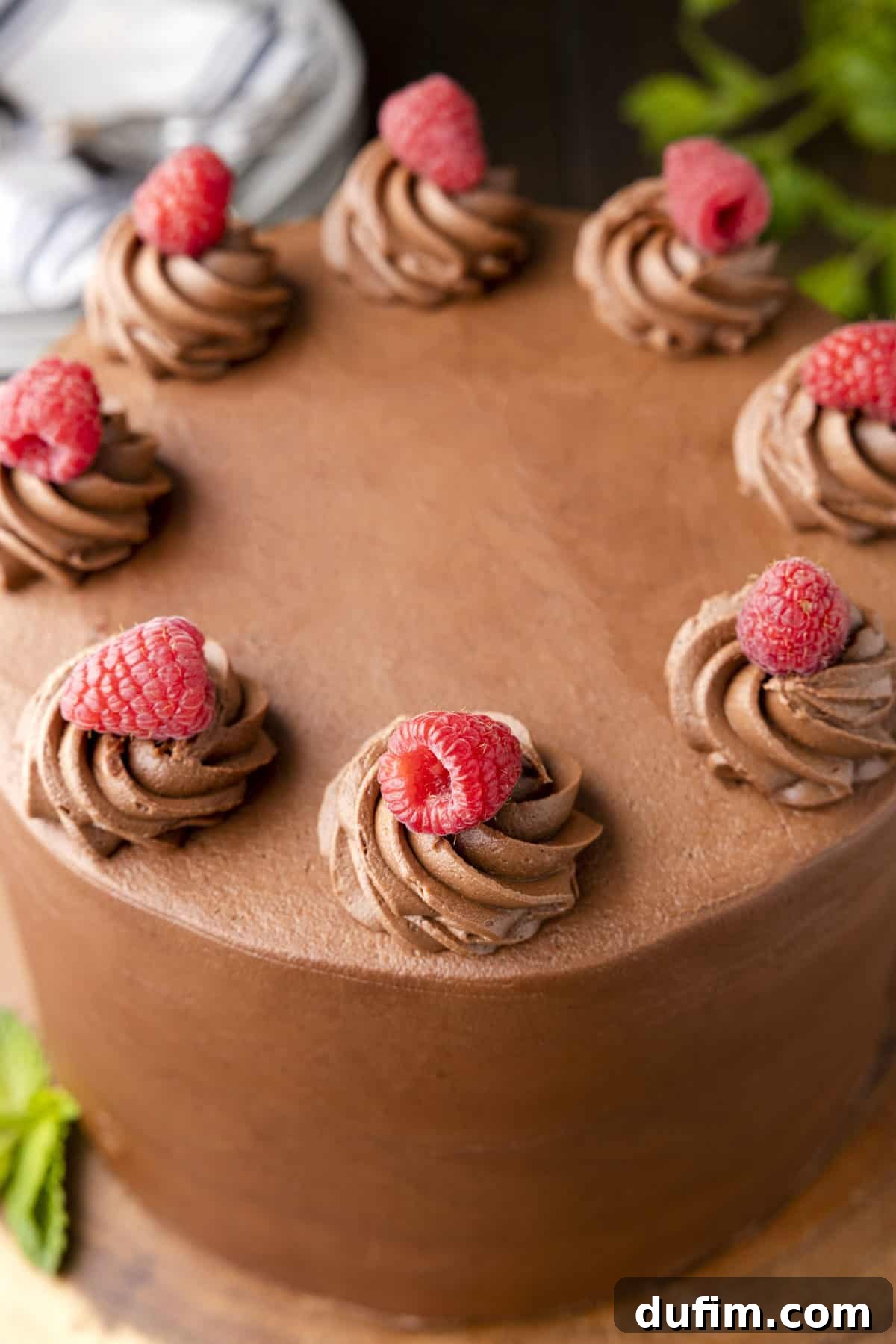 Raspberry Chocolate Velvet Cake 6 Close-up view of the top of a chocolate raspberry cake adorned with buttercream swirls, each topped with a fresh raspberry