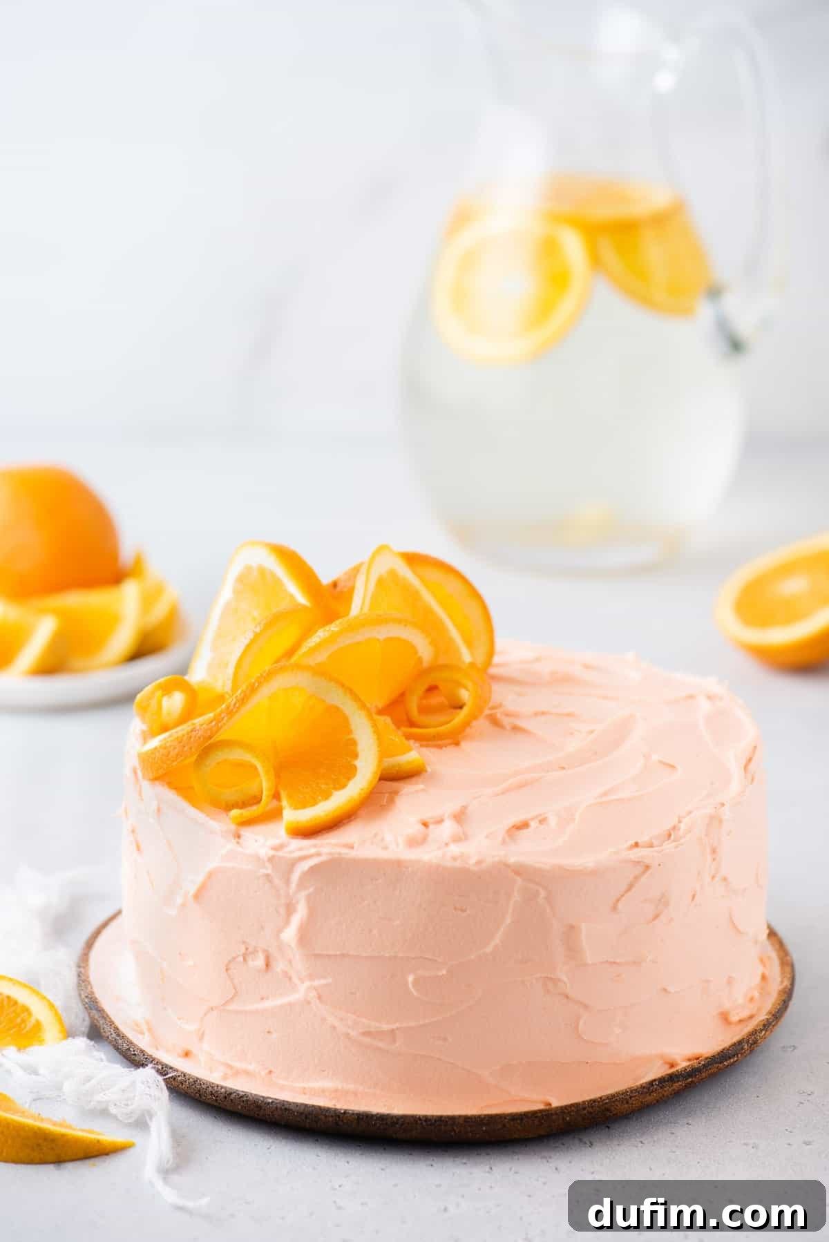 A beautifully decorated whole orange cake on a white plate, adorned with fresh orange slices, set against a pristine white background. The cake features two layers of moist sponge and a smooth, pale orange cream cheese frosting, inviting you to take a slice.