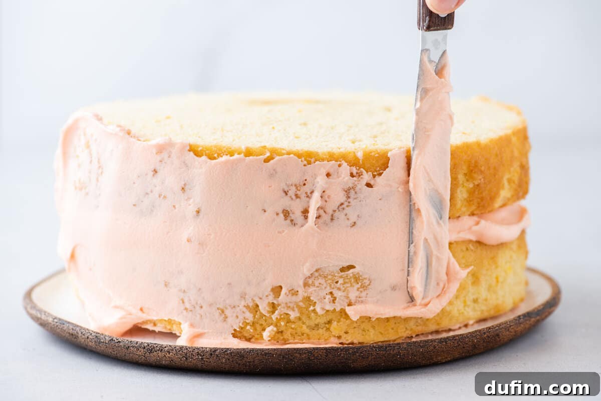 An offset spatula smoothly spreads a thin layer of cream cheese frosting, known as a crumb coat, around the side of a partially frosted orange cake. The technique aims to trap loose crumbs before the final frosting layer.
