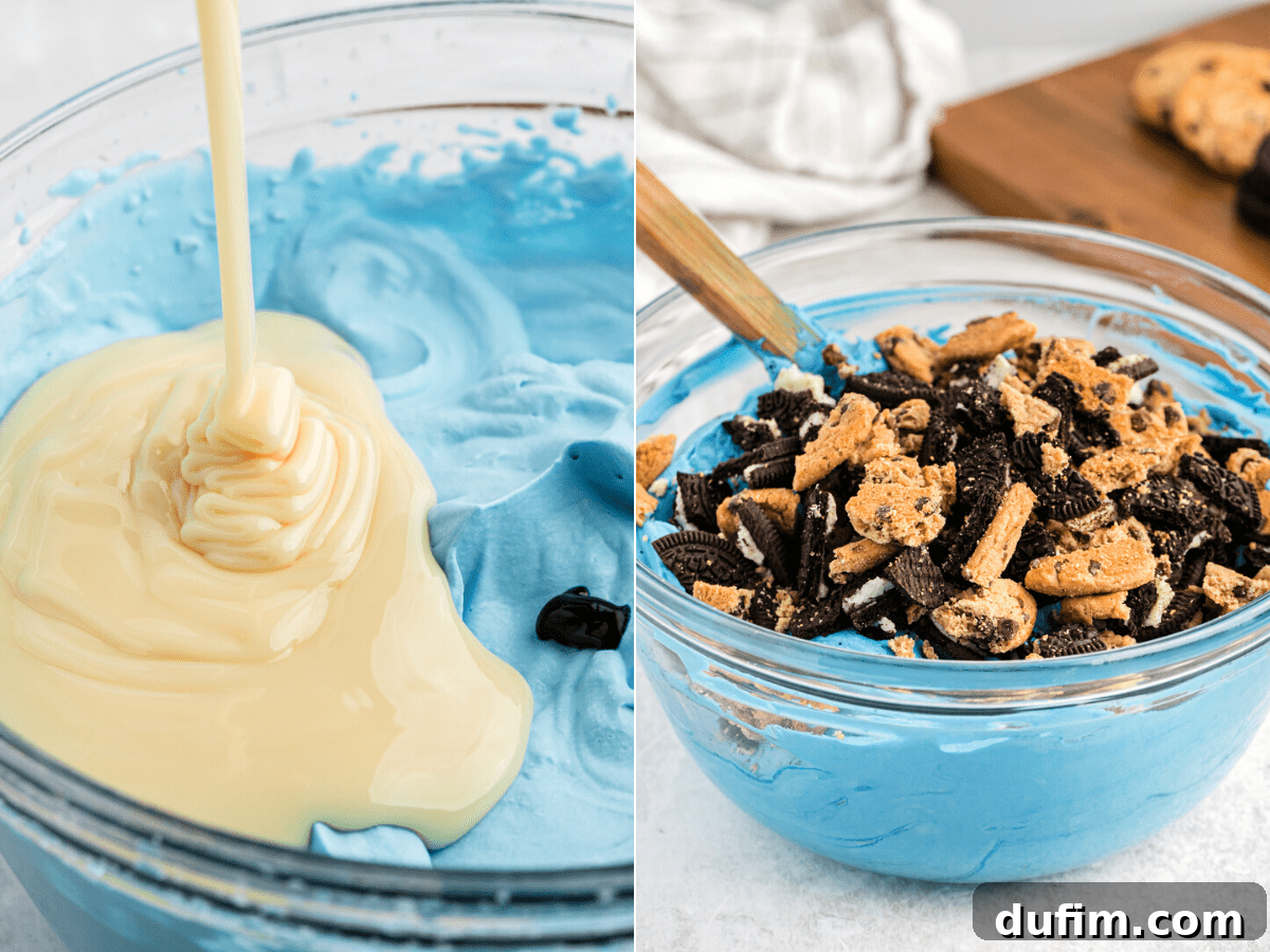 Side-by-side photos illustrating the step-by-step process of making Cookie Monster Ice Cream, from whipping cream to folding in cookies.