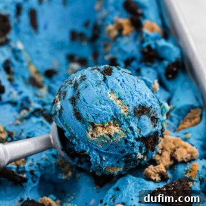 Scooping Cookie Monster Ice Cream from pan