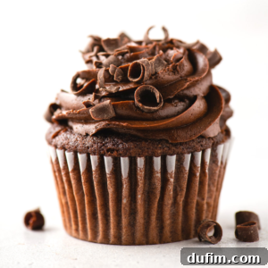 Decadent Gluten-Free Chocolate Cupcakes 2 Closeup of a gluten-free chocolate cupcake topped with chocolate curls