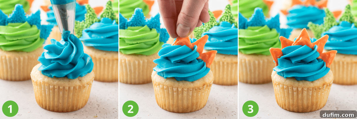 3 photos showing process of decorating dinosaur cupcakes