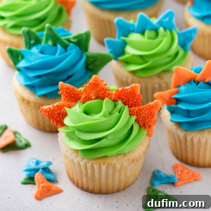 Closeup of homemade dinosaur cupcakes