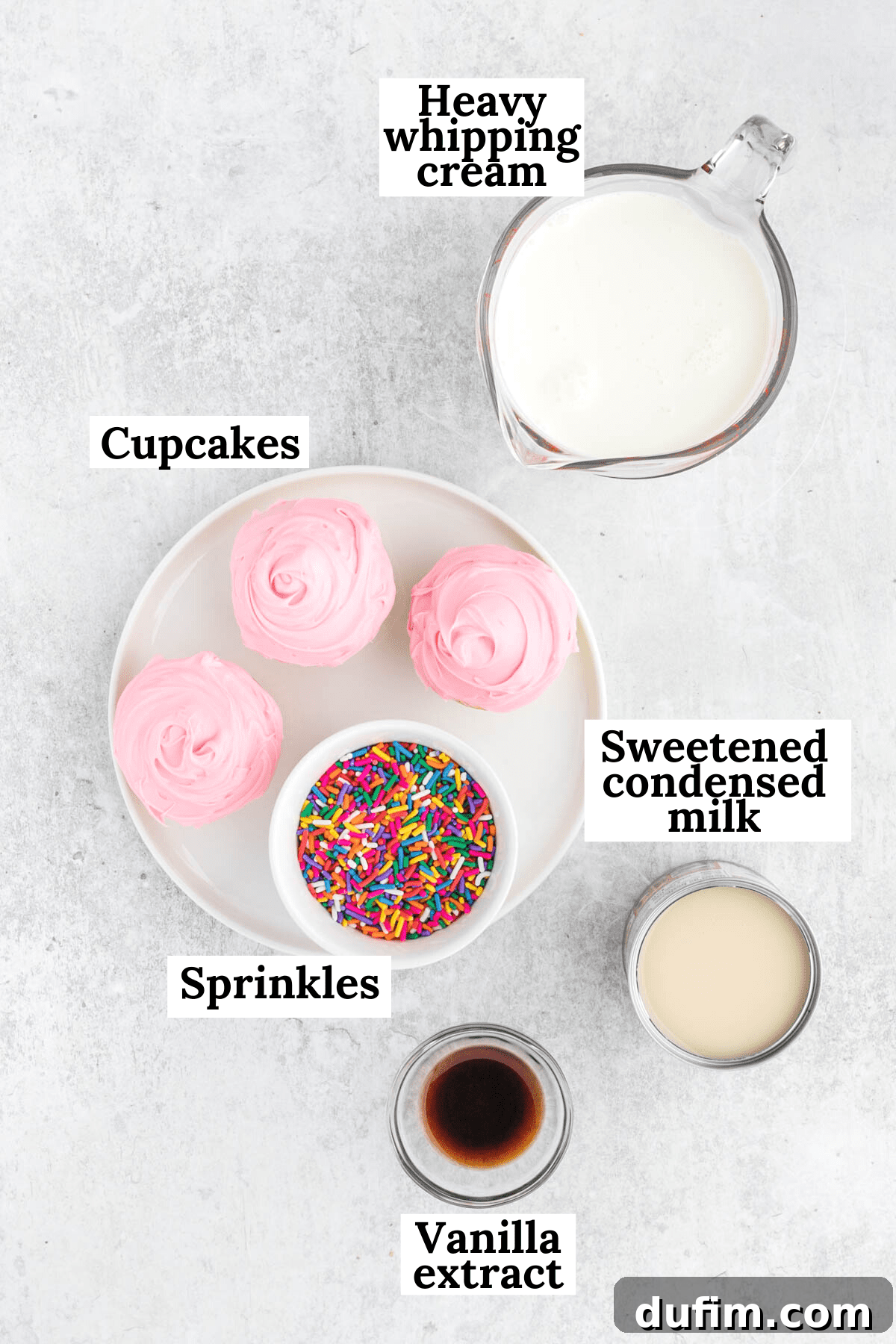 This no-churn Birthday Cake Ice Cream is loaded with colorful sprinkles and cupcakes! So easy to make, and you don't need an ice cream maker! Overhead view of ingredients for Birthday Cake Ice Cream including heavy cream, condensed milk, vanilla, cupcakes, and sprinkles.