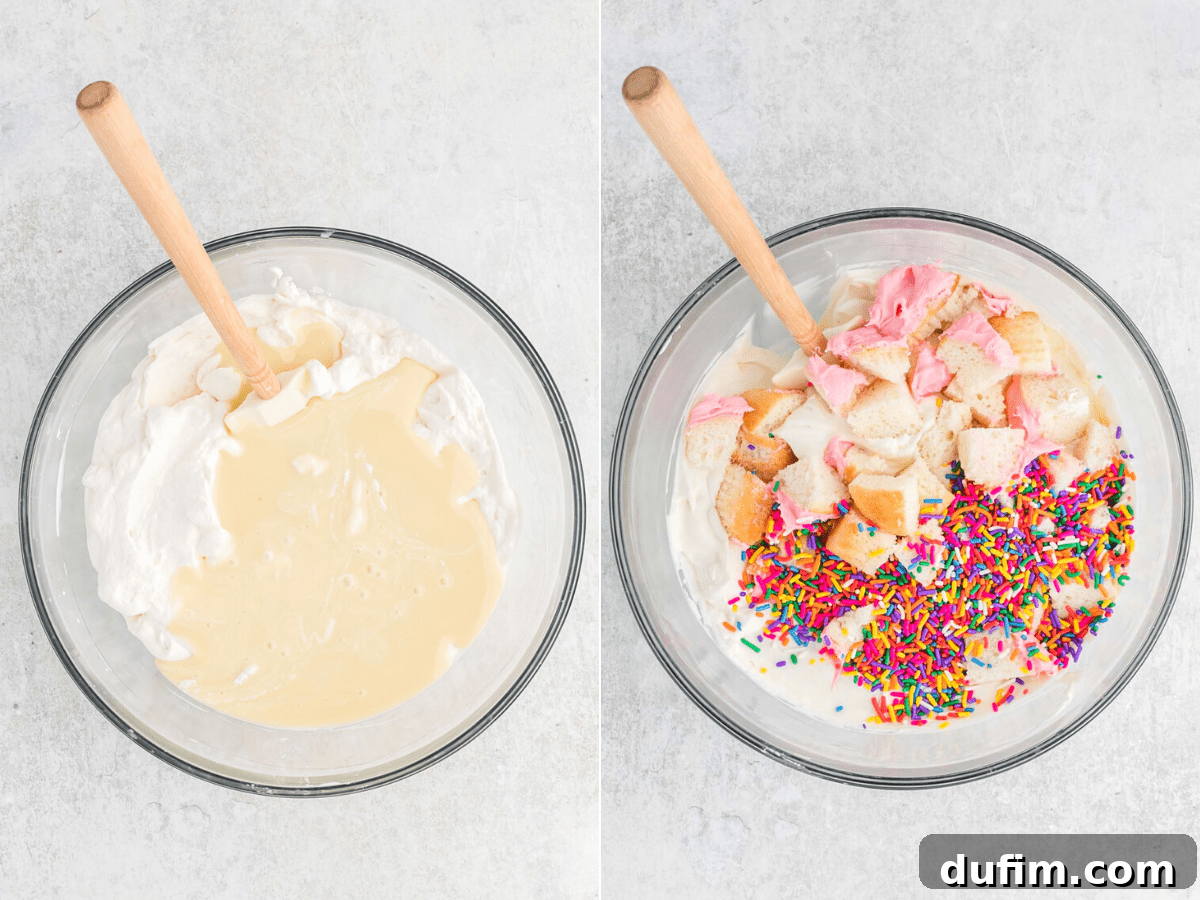 This no-churn Birthday Cake Ice Cream is loaded with colorful sprinkles and cupcakes! So easy to make, and you don't need an ice cream maker! Photo collage showing whipped cream and condensed milk being combined, next to cupcakes and sprinkles being folded into the mixture.