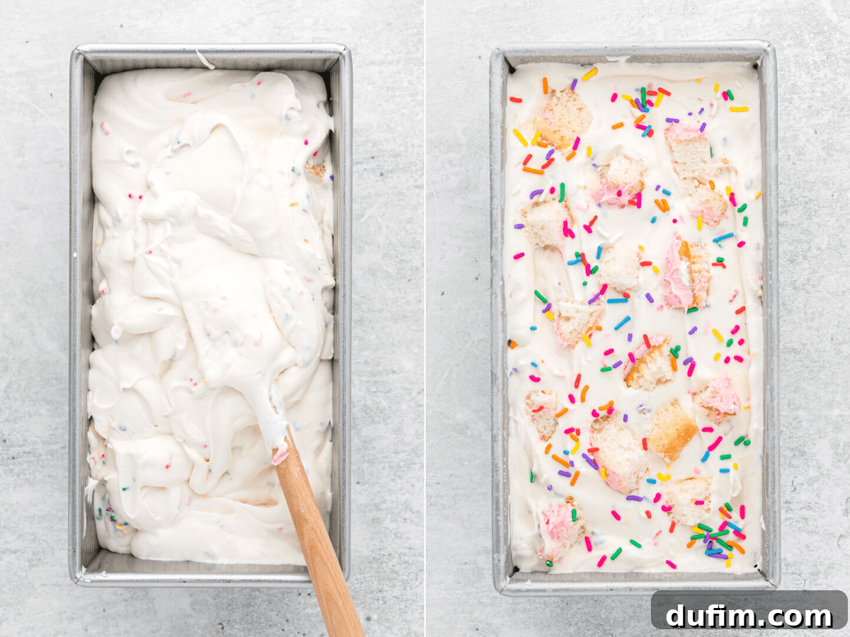This no-churn Birthday Cake Ice Cream is loaded with colorful sprinkles and cupcakes! So easy to make, and you don't need an ice cream maker! Two photos showcasing birthday cake ice cream in a loaf pan: one pre-freezing with toppings, one freshly scooped with additional garnishes.