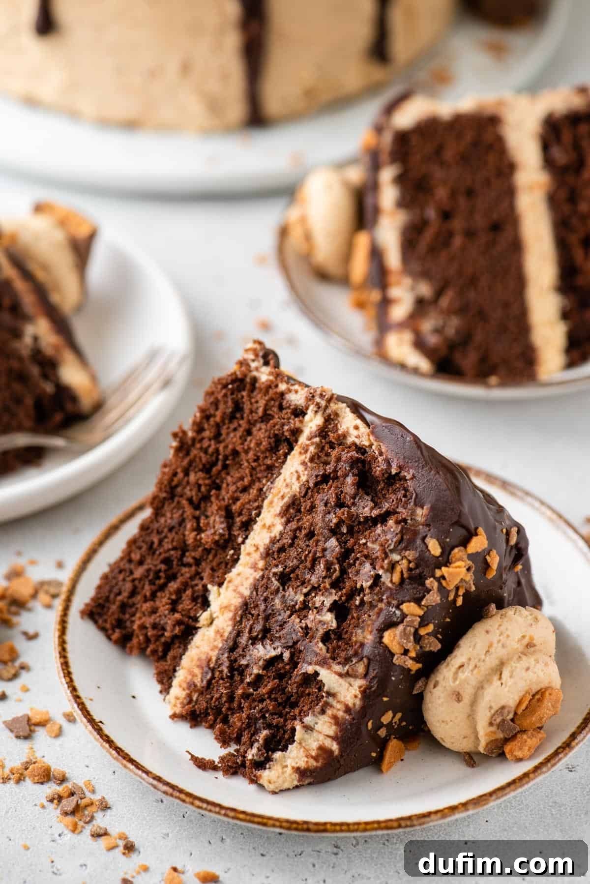Individual slices of the decadent Butterfinger cake arranged neatly on dessert plates, showcasing the distinct layers of chocolate cake, peanut butter frosting with candy bits, and chocolate ganache.